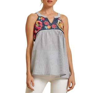 Savanna Jane Striped Sleeveless Boho Embroidered Babydoll Top